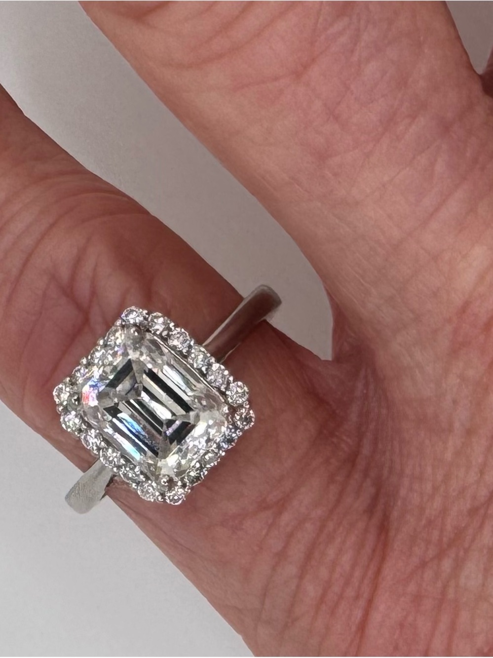 Gorgeous Moissanite Emerald-Cut Halo Ring 18K WG